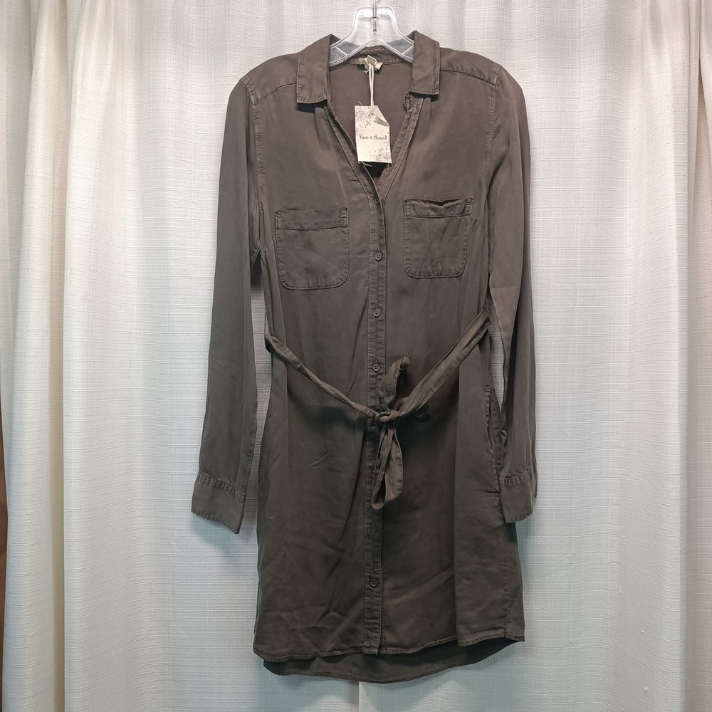 Hem & Thread Olive Green Tencel Shirt Dress‎ Long Sleeve Utility Tie Waist S NEW